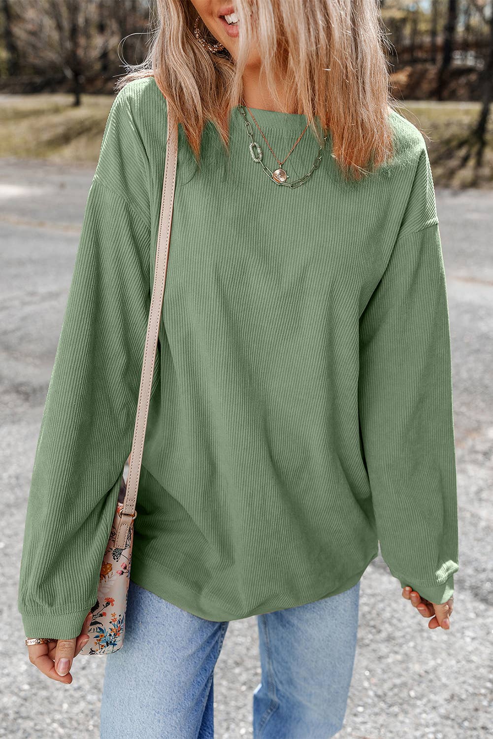 Women Solid Corduroy Crewneck Loose Fit Sweatshirt | S-2XL: Red / Missy / 2XL