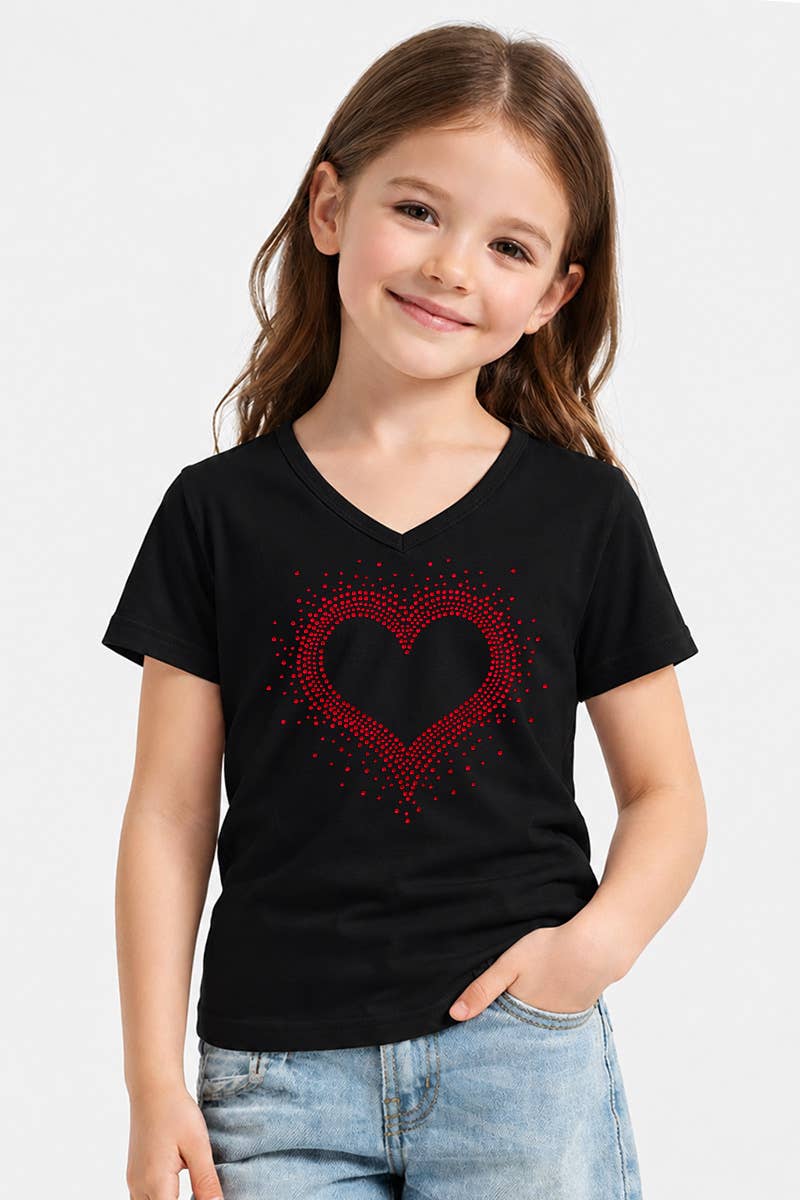 GKT-16811A-309R Girl's V-Neck Heart Rhinestone Graphic Tee: Hot Pink / (4/5)