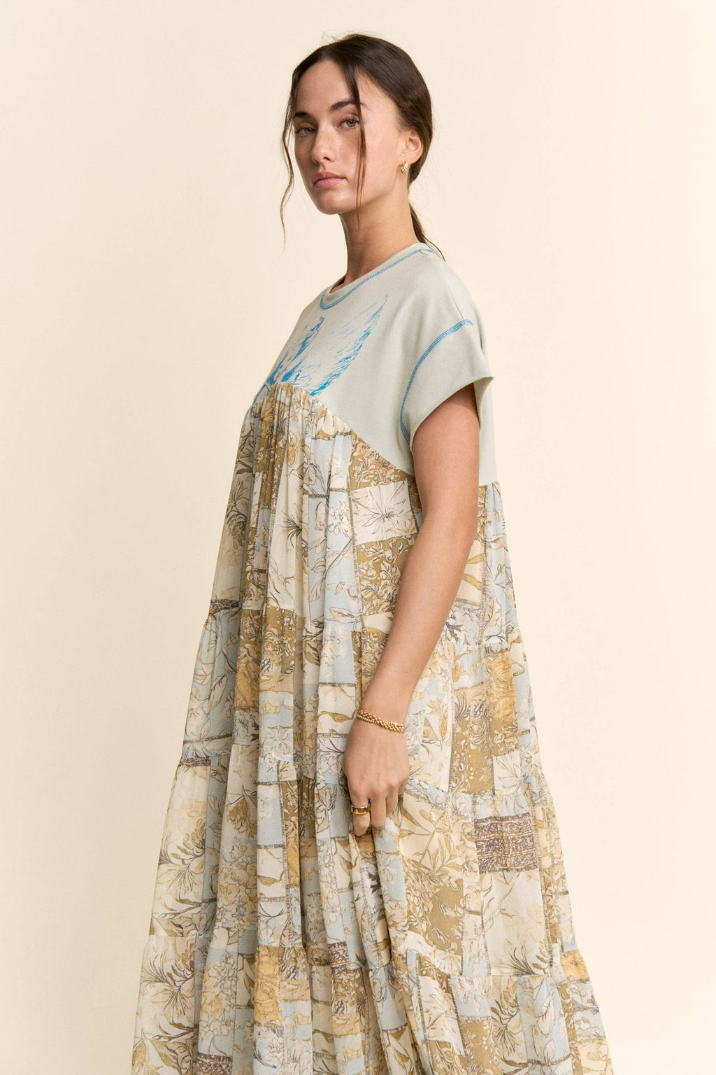 DD60097-ANGEL PRINTED FRENCH TERRY TOP BOTTOM MIDI DRESS: Beige / L
