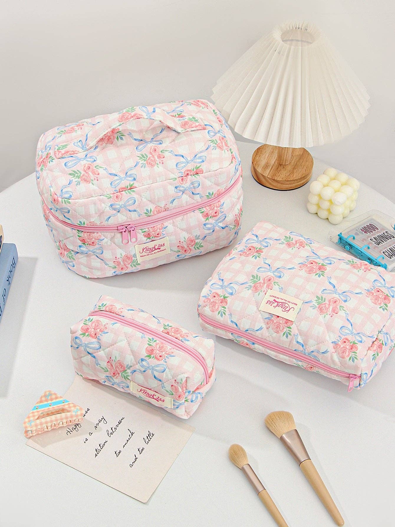 Canvas Striped Octagonal Large-Capacity Toiletry Bag: Pink and blue striped bouquet / Small size 19*8*6cm