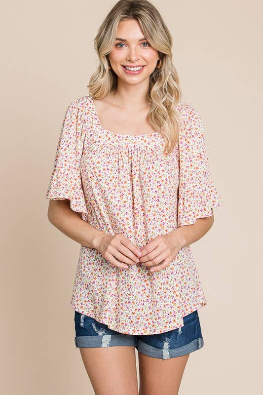 ETK-8801 Floral Squareneck Bell Sleeves Top: Ivory / Large