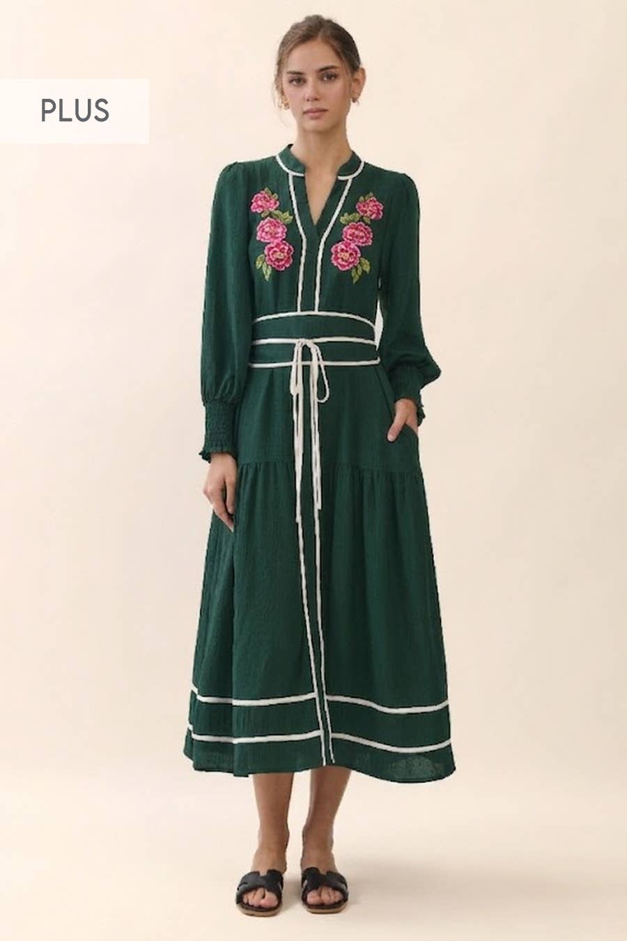 Plus Floral Embroidered Midi Dress: BLACK / 3XL