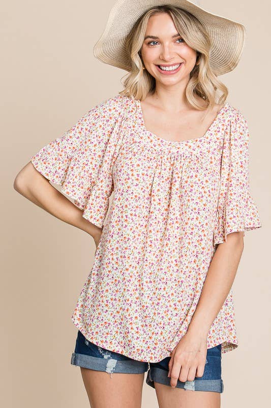 ETK-8801 Floral Squareneck Bell Sleeves Top: Ivory / Medium