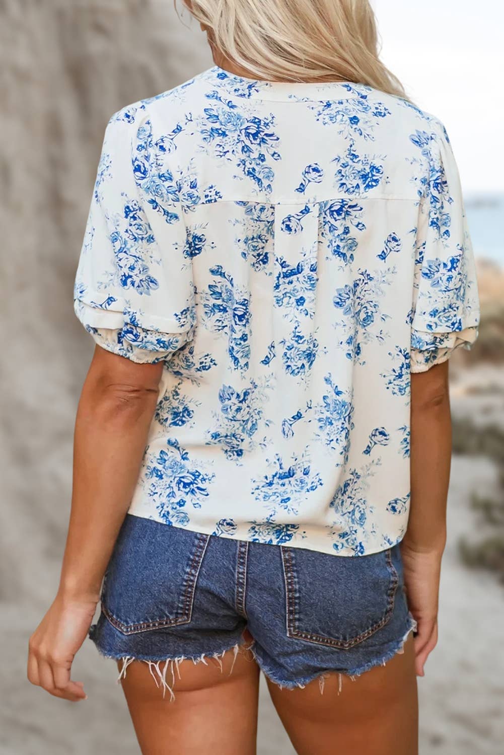 BOHO Floral Pleated Puff Sleeve Button Up Shirt | S-XL: As shown / Missy / M