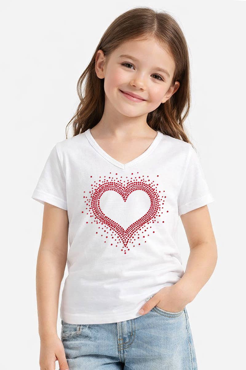 GKT-16811A-309R Girl's V-Neck Heart Rhinestone Graphic Tee: Hot Pink / (6/6X)