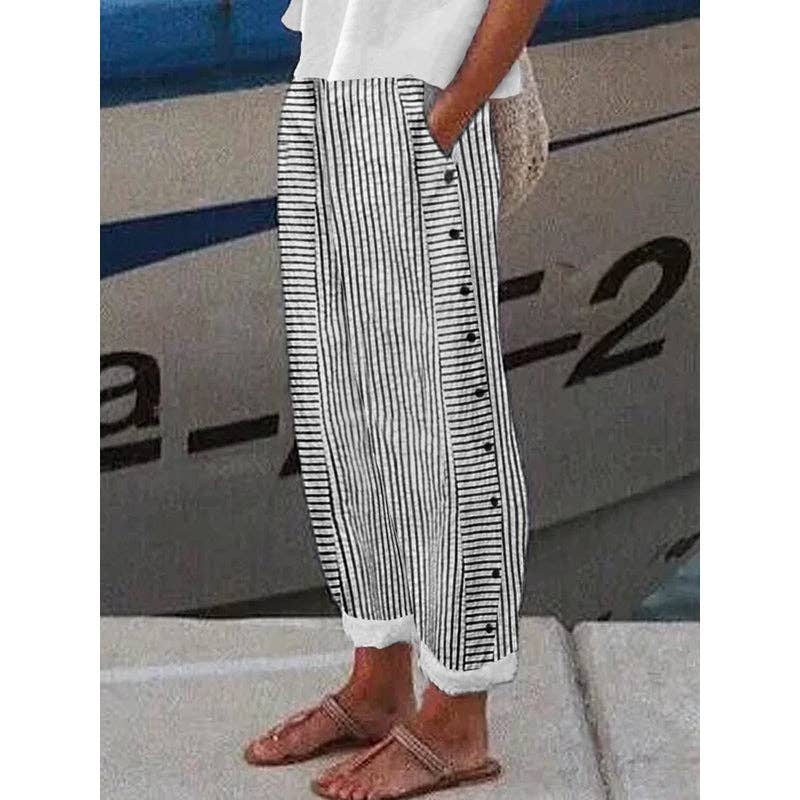Loose Buttoned Pockets Striped Pants Trousers: GRAY / S