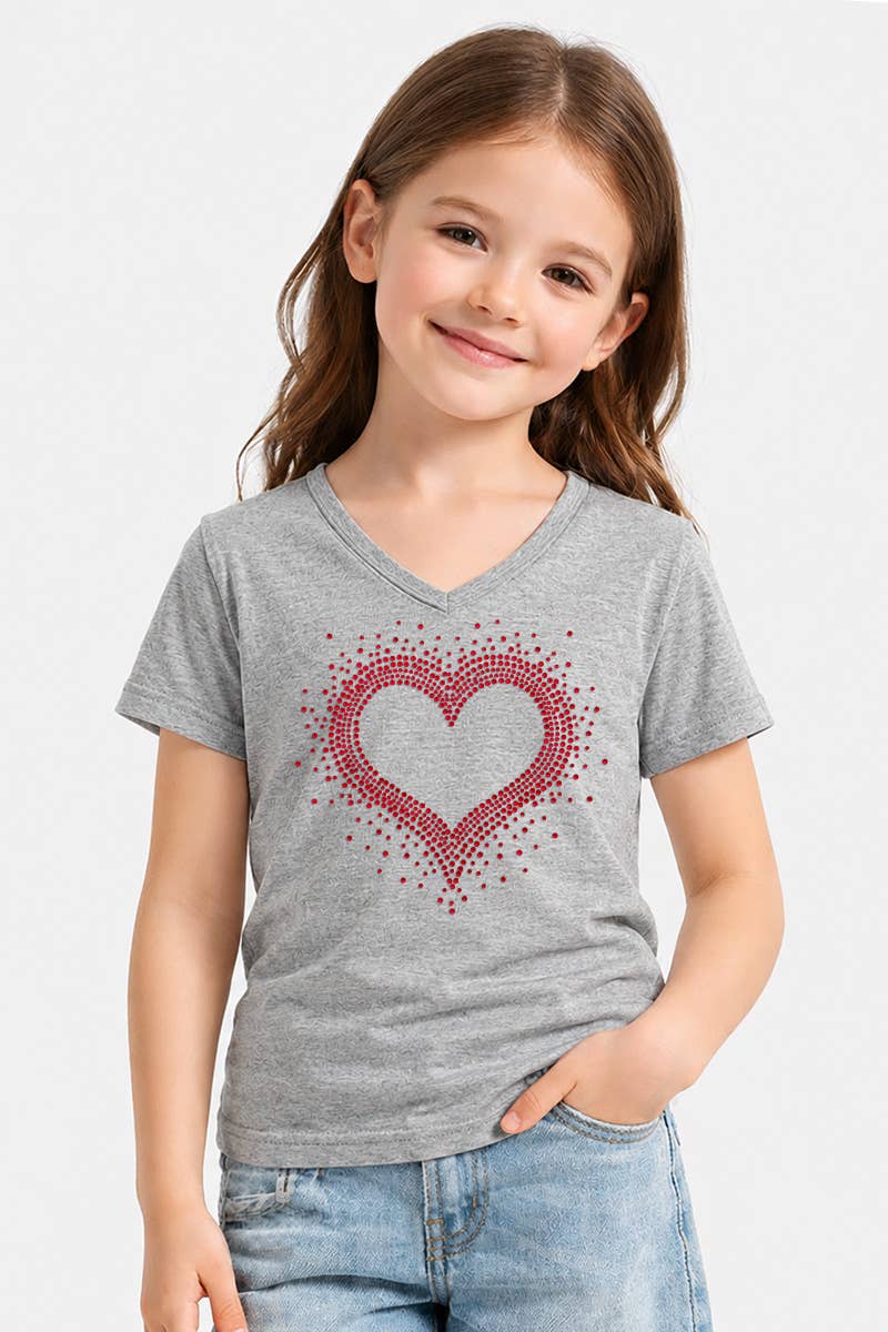 GKT-16811A-309R Girl's V-Neck Heart Rhinestone Graphic Tee: Hot Pink / (4/5)
