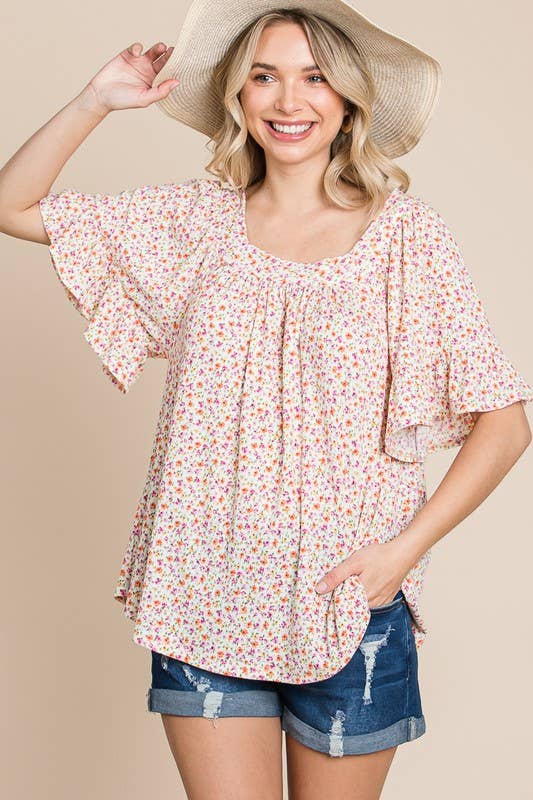 ETK-8801 Floral Squareneck Bell Sleeves Top: Ivory / Large