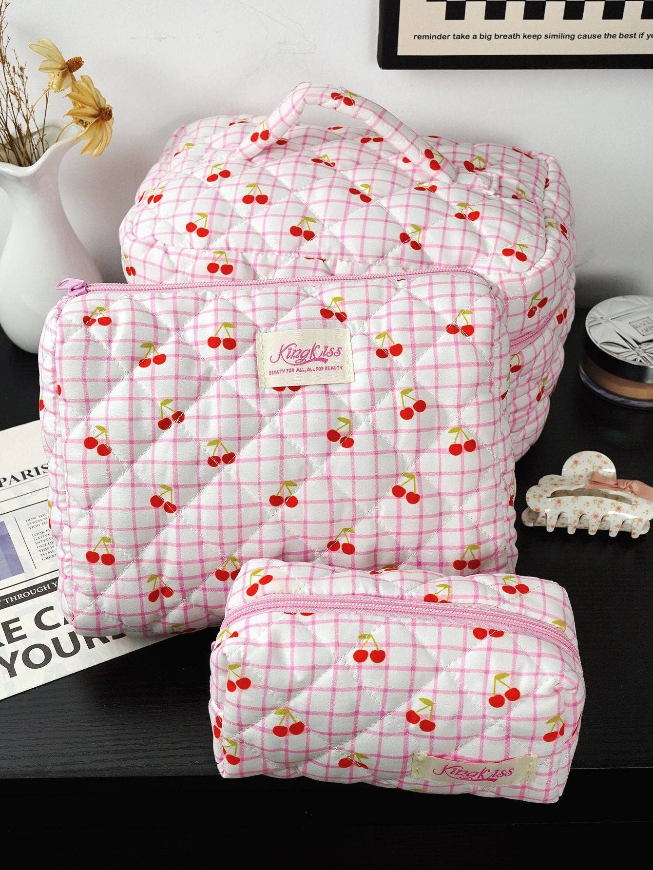 Canvas Striped Octagonal Large-Capacity Toiletry Bag: Ribbon bow little heart / Small size 19*8*6cm