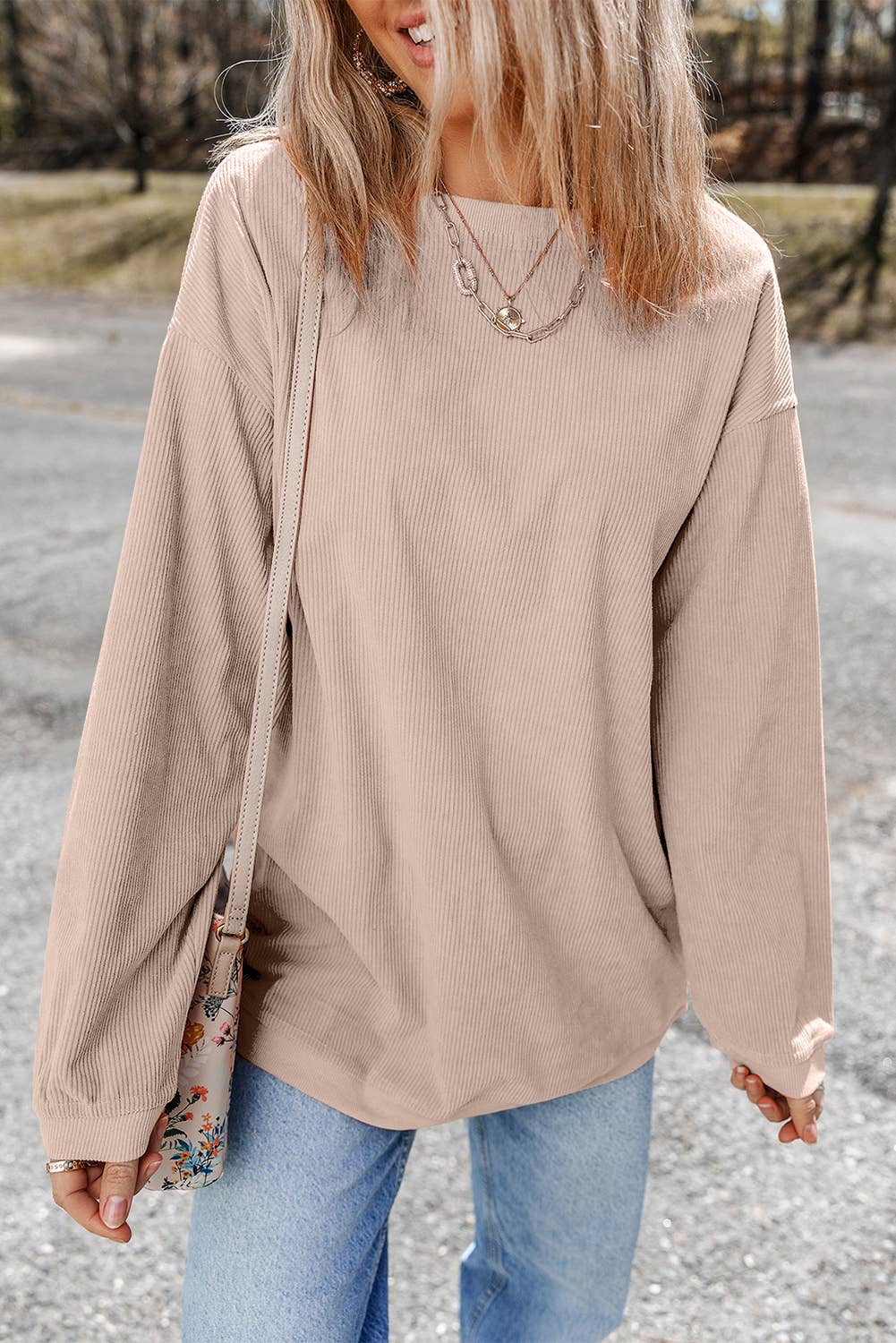 Women Solid Corduroy Crewneck Loose Fit Sweatshirt | S-2XL: Orange / Missy / 2XL