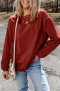 Women Solid Corduroy Crewneck Loose Fit Sweatshirt | S-2XL: Red / Missy / 2XL
