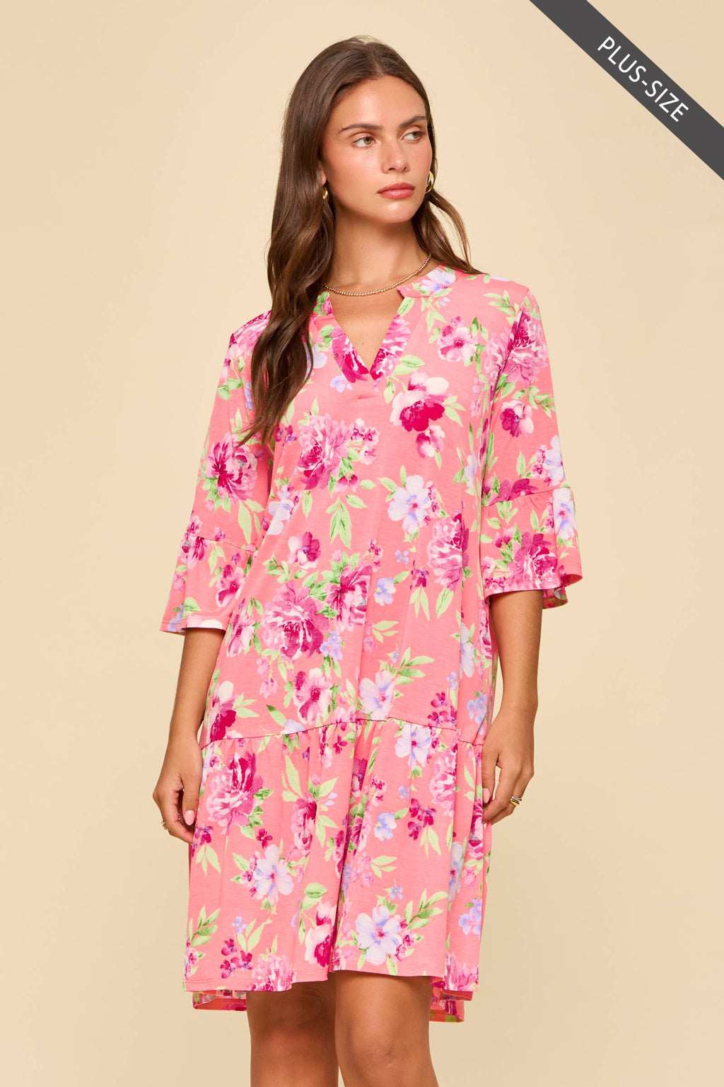 PLUS SIZE Floral Print Shirred Tiered 3/4 Sleeve Dress: CORAL / XL