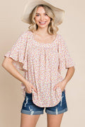 ETK-8801 Floral Squareneck Bell Sleeves Top: Ivory / Large