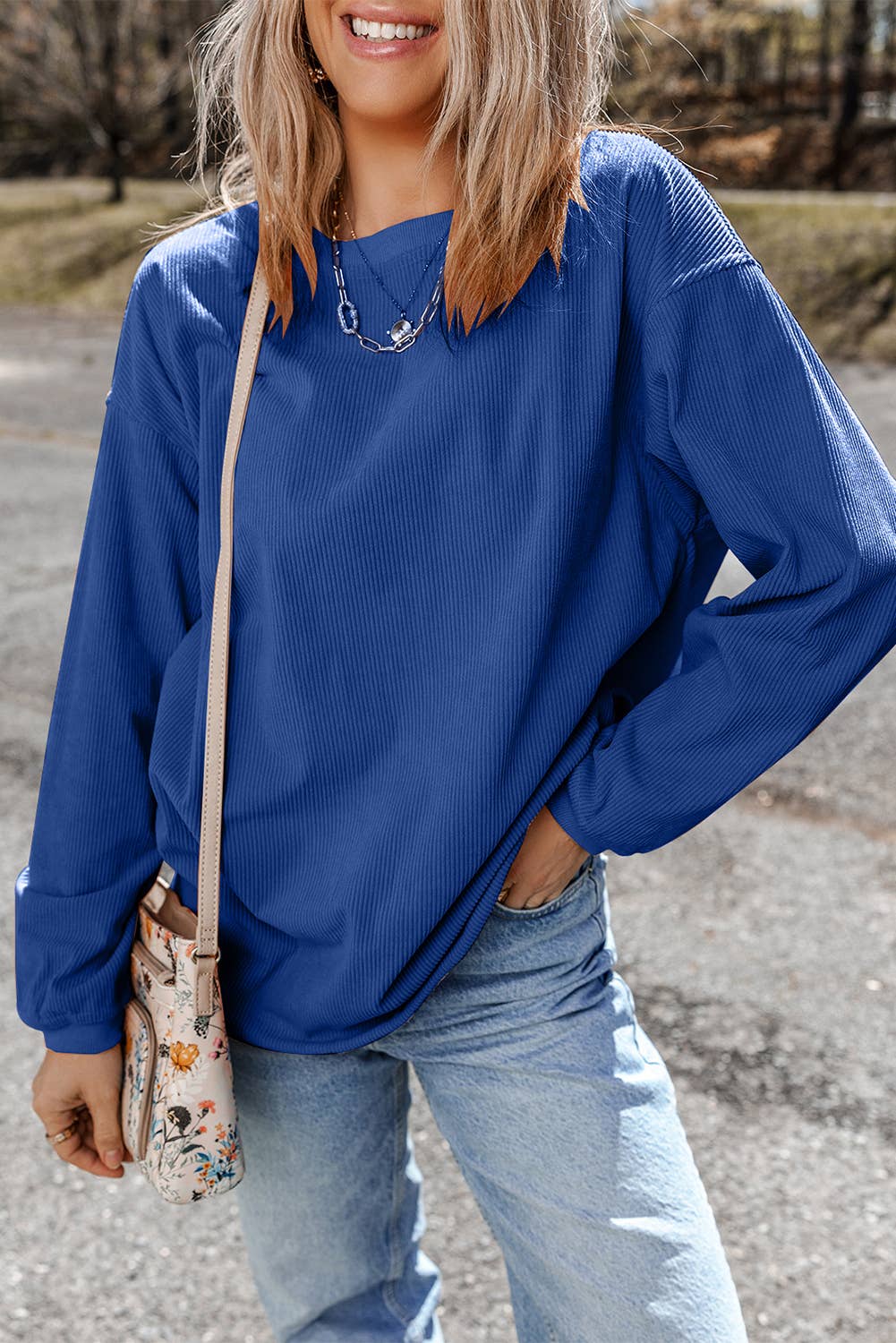Women Solid Corduroy Crewneck Loose Fit Sweatshirt | S-2XL: Red / Missy / 2XL