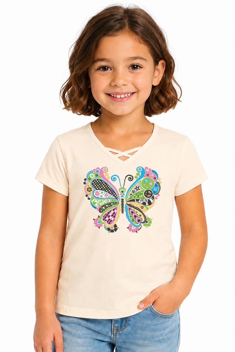 GKT-16810B-TA515 Girl's V-neck Graphic Tee w/Butterfly: Heather Grey / 12