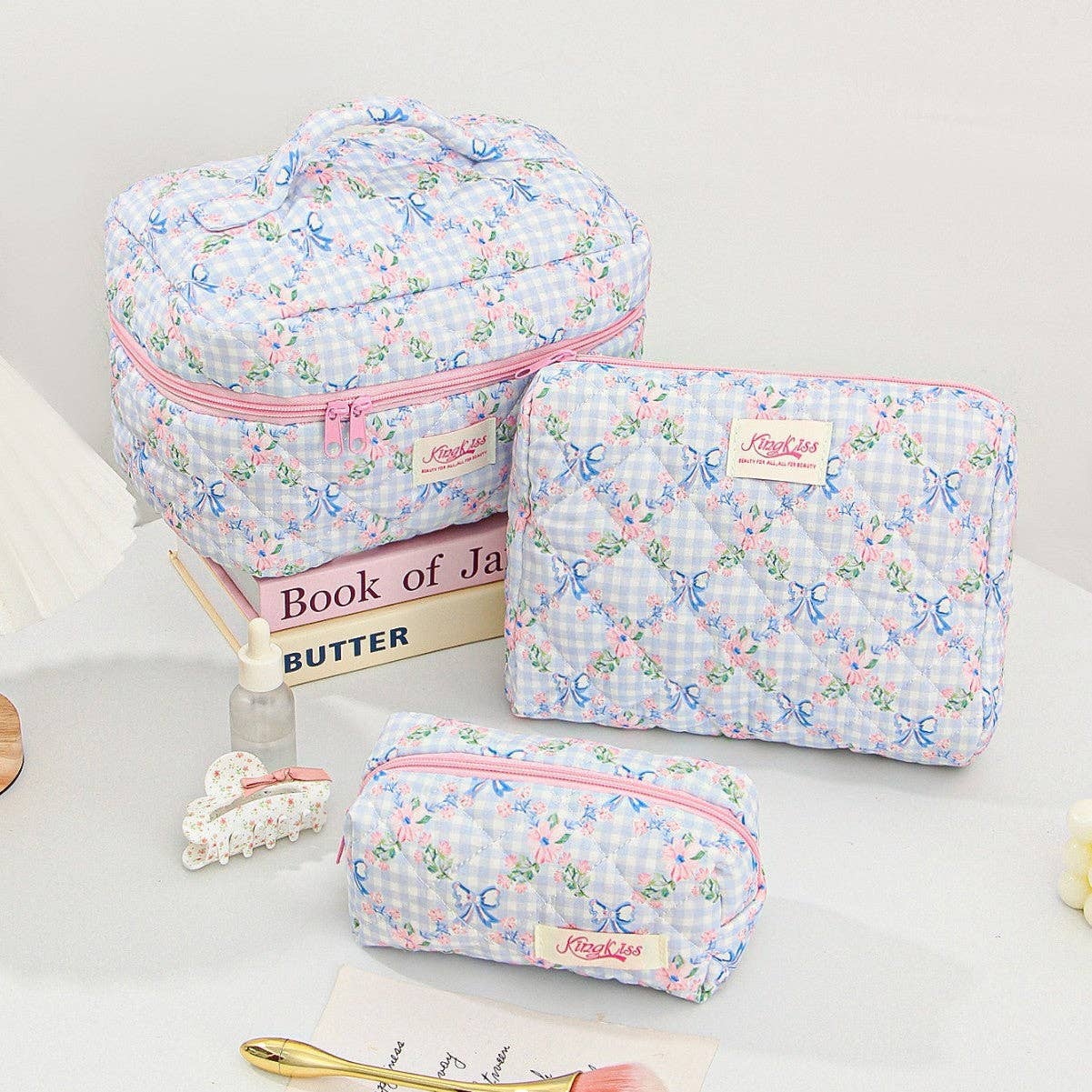 Canvas Striped Octagonal Large-Capacity Toiletry Bag: Pink and blue striped bouquet / Small size 19*8*6cm