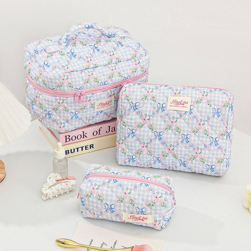 Canvas Striped Octagonal Large-Capacity Toiletry Bag: Pink and blue striped bouquet / Medium size 26*7*18cm
