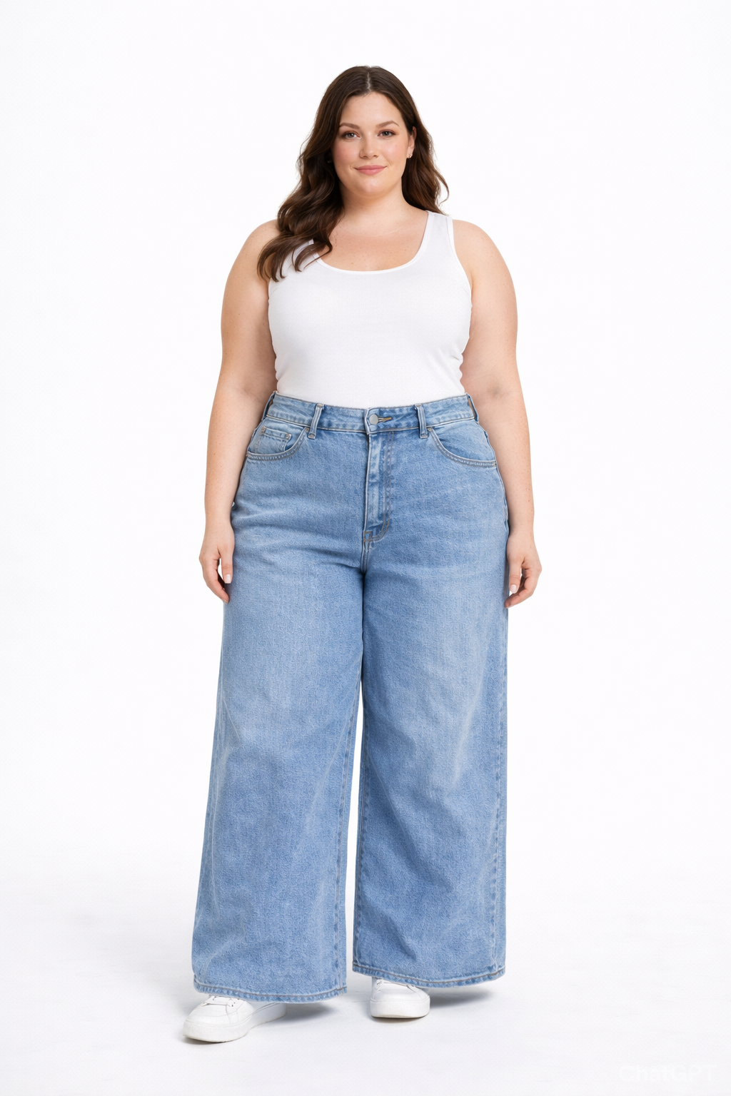 Plus-size high-waist denim pants pocket baggy jeans wide leg: Denim / 2XL