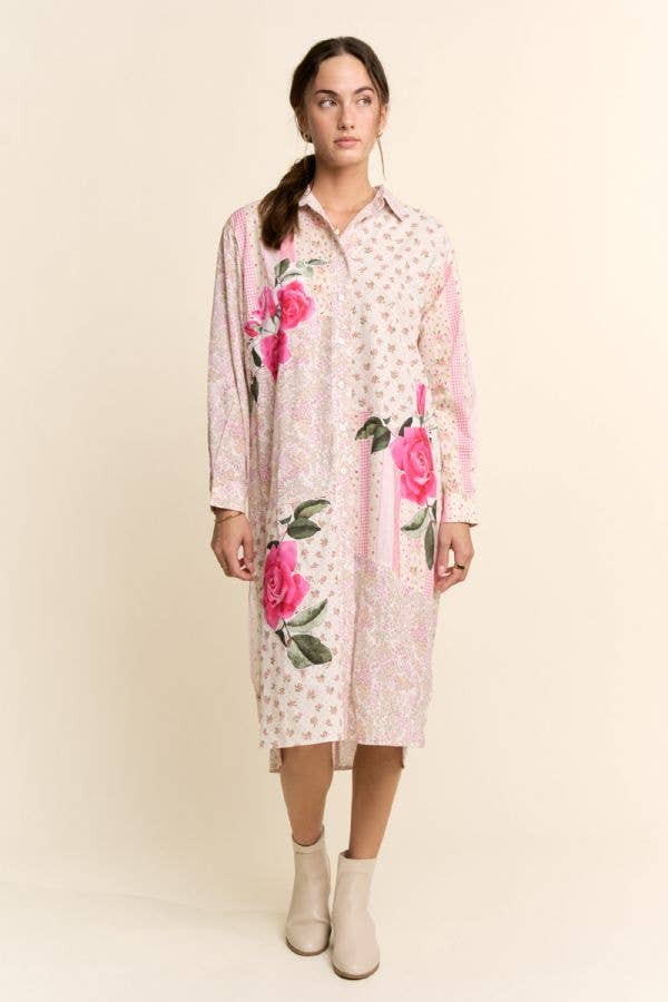 PT60071-PLUS PRINTED FLOWER PATCHED MAXI DUSTER SHIRT TOP: IVORY PINK MULTI / 2XL