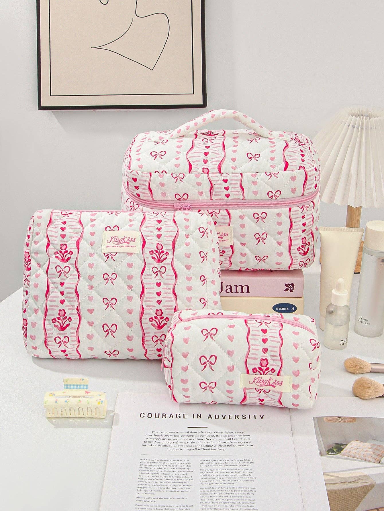 Canvas Striped Octagonal Large-Capacity Toiletry Bag: Pink and blue striped bouquet / Small size 19*8*6cm