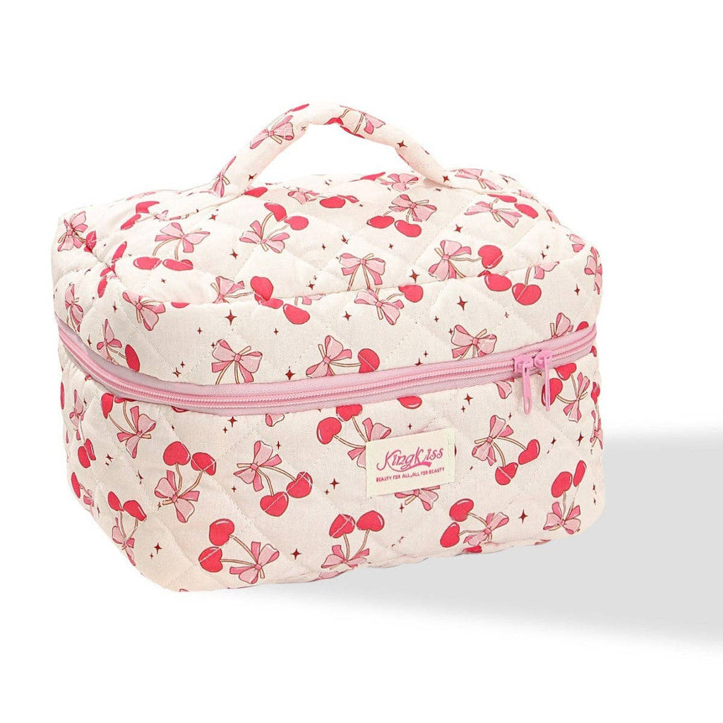 Canvas Striped Octagonal Large-Capacity Toiletry Bag: Pink and blue striped bouquet / Small size 19*8*6cm