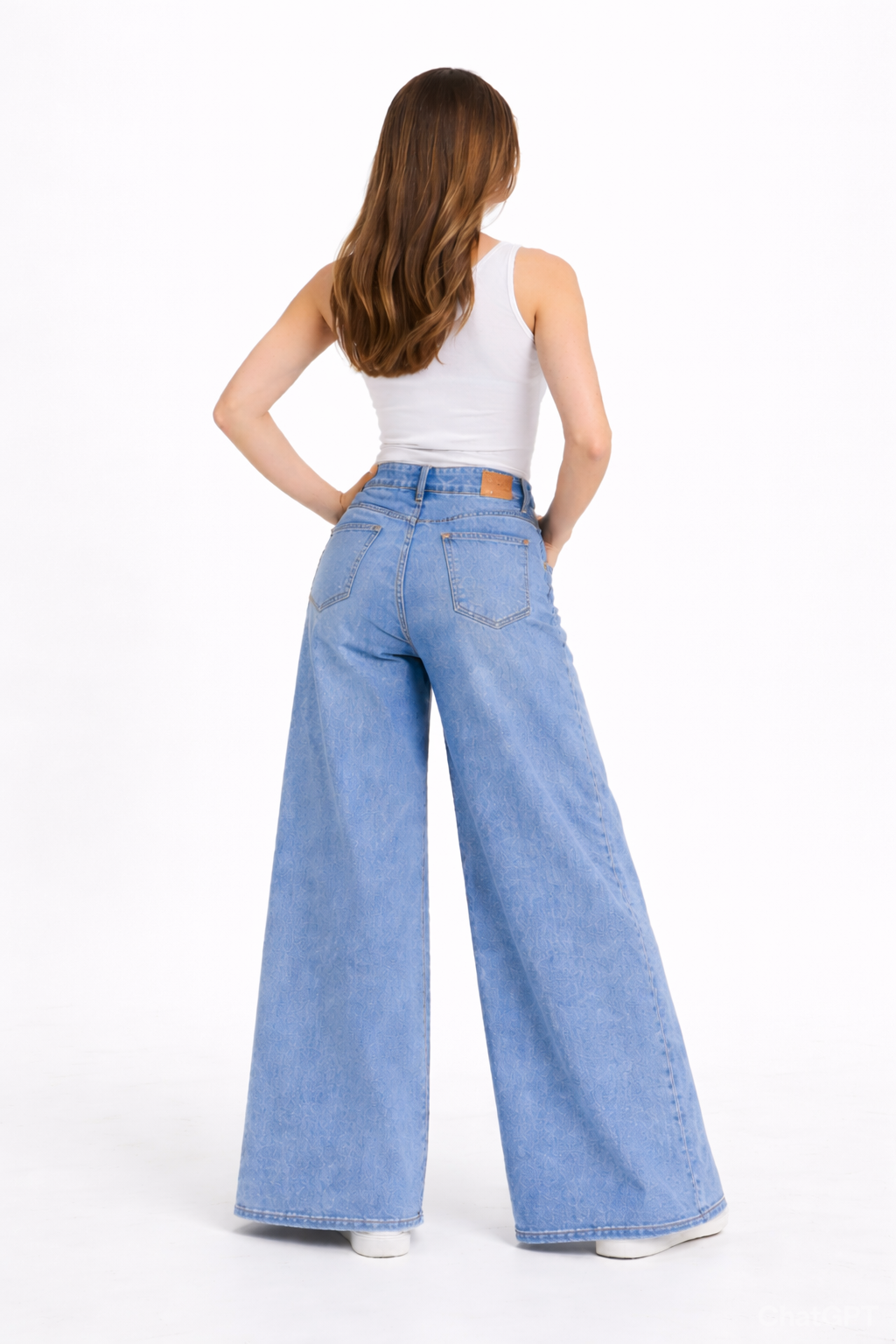 High waist denim pants pocket baggy jeans wide legs stretchy: Denim blue / L