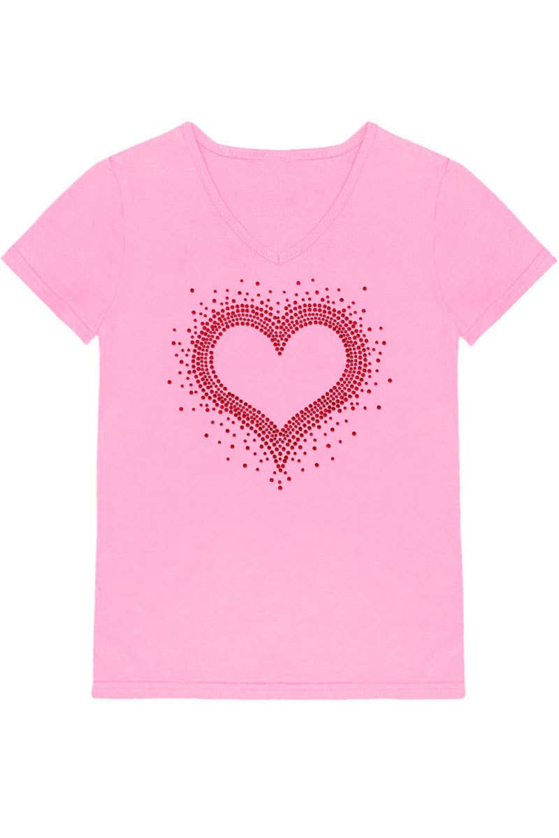 GKT-16811A-309R Girl's V-Neck Heart Rhinestone Graphic Tee: Hot Pink / (4/5)