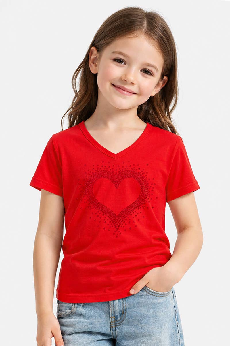 GKT-16811A-309R Girl's V-Neck Heart Rhinestone Graphic Tee: Hot Pink / (4/5)