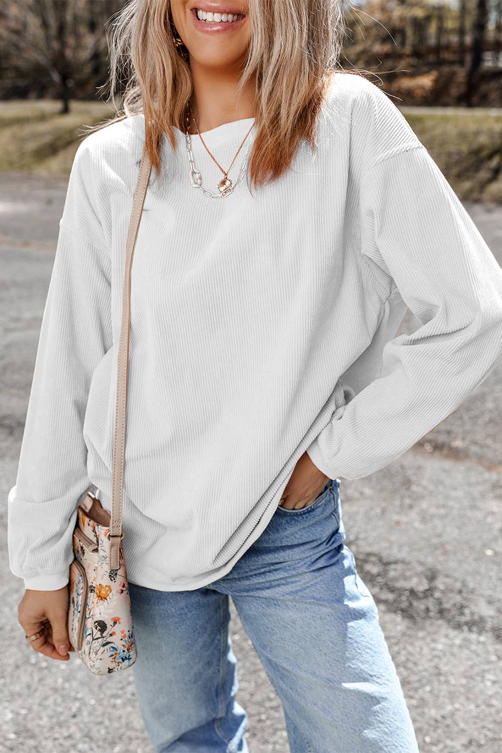 Women Solid Corduroy Crewneck Loose Fit Sweatshirt | S-2XL: Red / Missy / 2XL