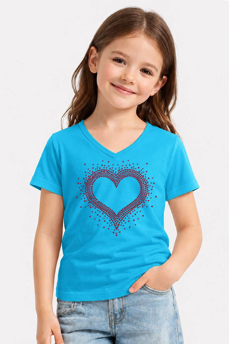 GKT-16811A-309R Girl's V-Neck Heart Rhinestone Graphic Tee: Hot Pink / (6/6X)