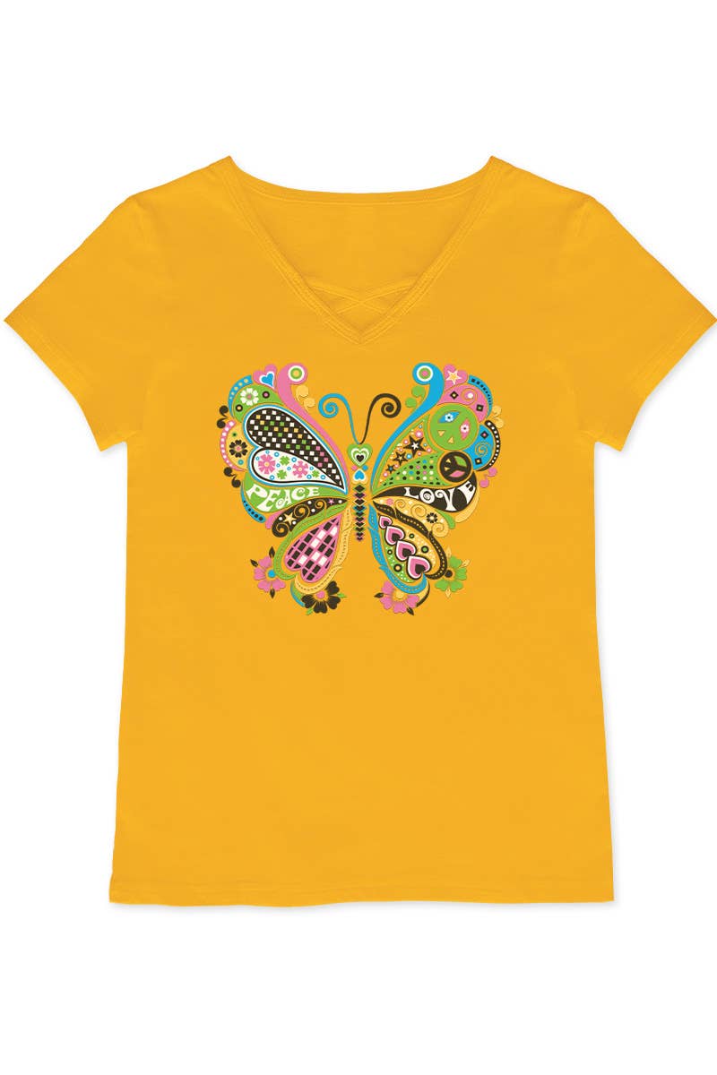 GKT-16810B-TA515 Girl's V-neck Graphic Tee w/Butterfly: Heather Grey / 10