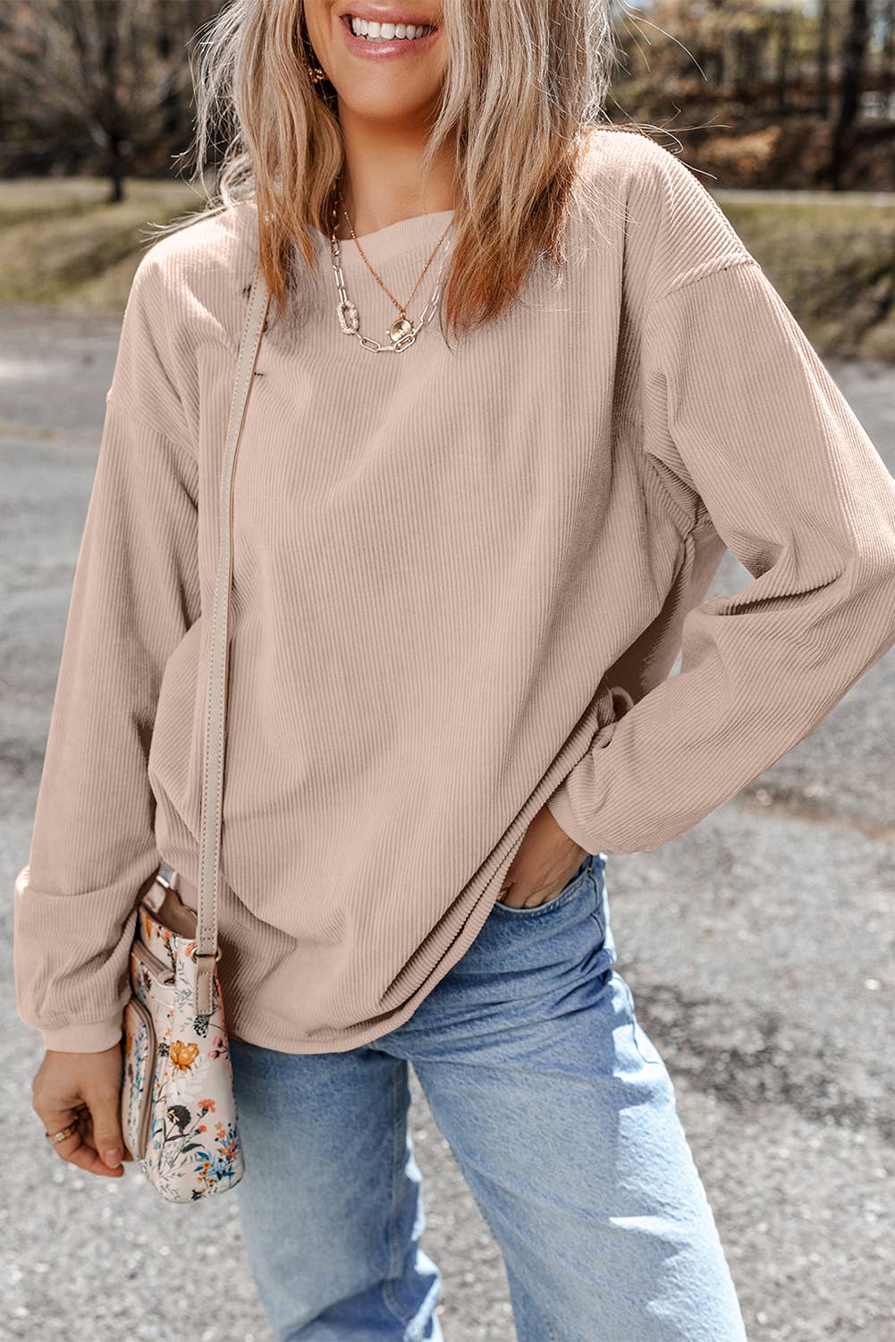 Women Solid Corduroy Crewneck Loose Fit Sweatshirt | S-2XL: Orange / Missy / M