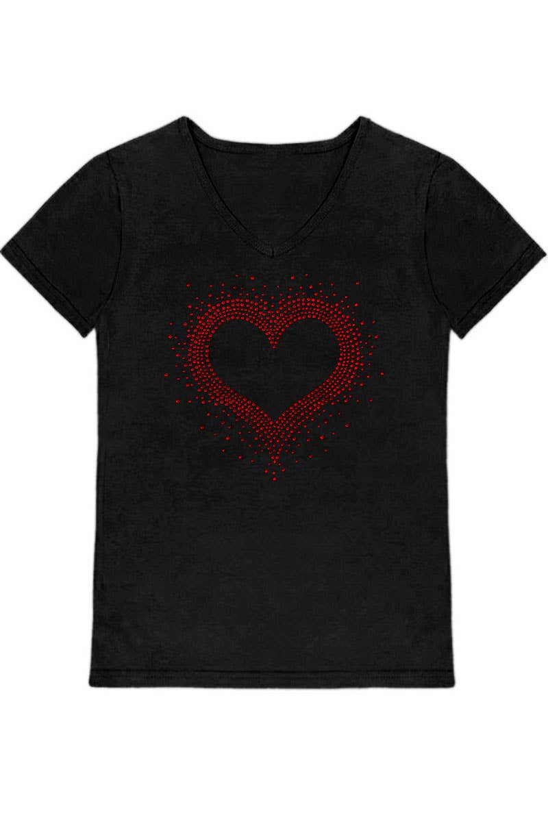 GKT-16811A-309R Girl's V-Neck Heart Rhinestone Graphic Tee: Hot Pink / (4/5)