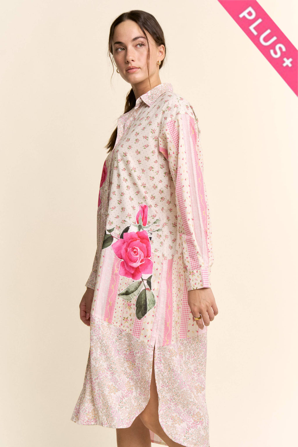 PT60071-PLUS PRINTED FLOWER PATCHED MAXI DUSTER SHIRT TOP: IVORY PINK MULTI / 2XL