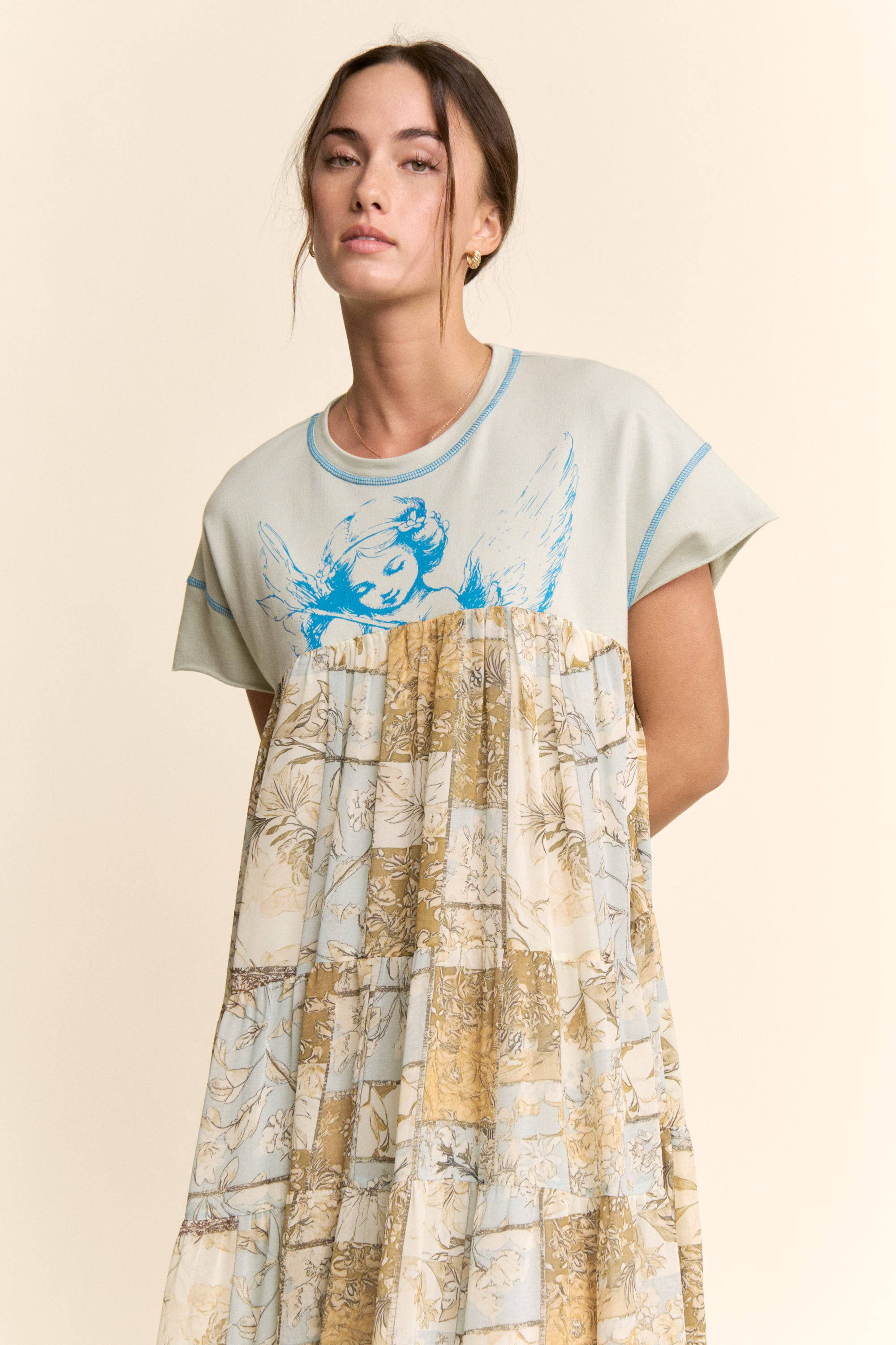 DD60097-ANGEL PRINTED FRENCH TERRY TOP BOTTOM MIDI DRESS: Beige / S