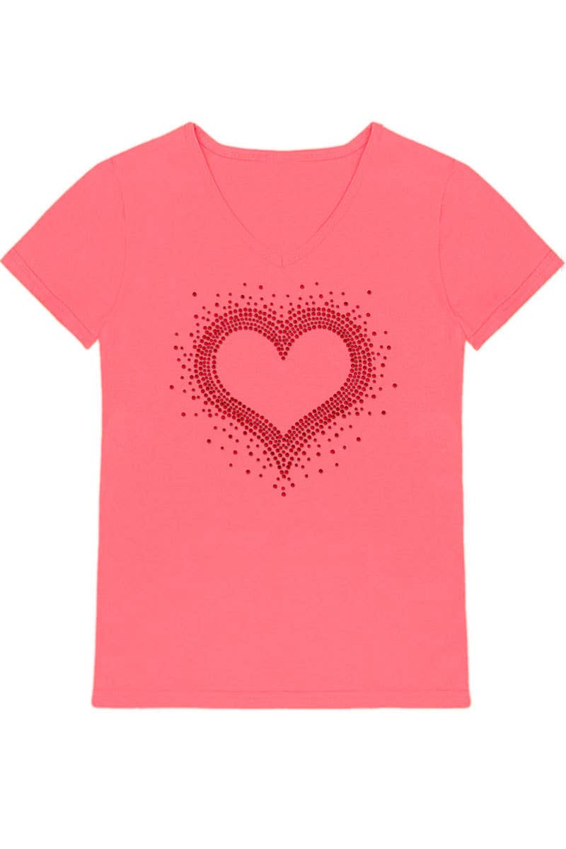 GKT-16811A-309R Girl's V-Neck Heart Rhinestone Graphic Tee: Hot Pink / (6/6X)