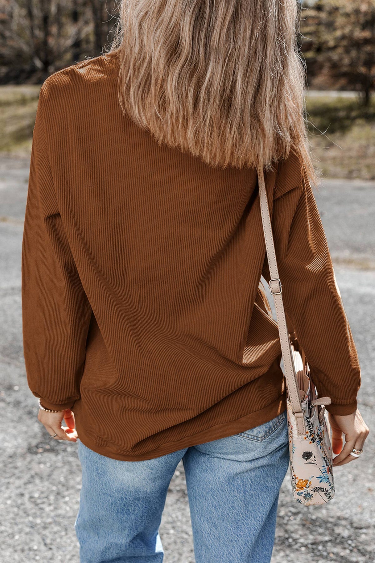 Women Solid Corduroy Crewneck Loose Fit Sweatshirt | S-2XL: Red / Missy / 2XL