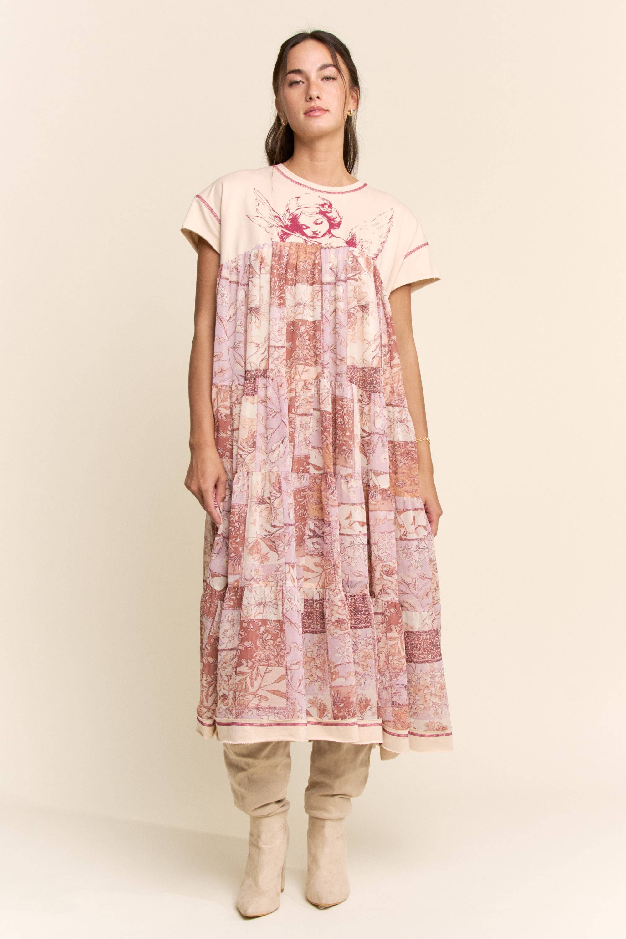 DD60097-ANGEL PRINTED FRENCH TERRY TOP BOTTOM MIDI DRESS: Beige / L