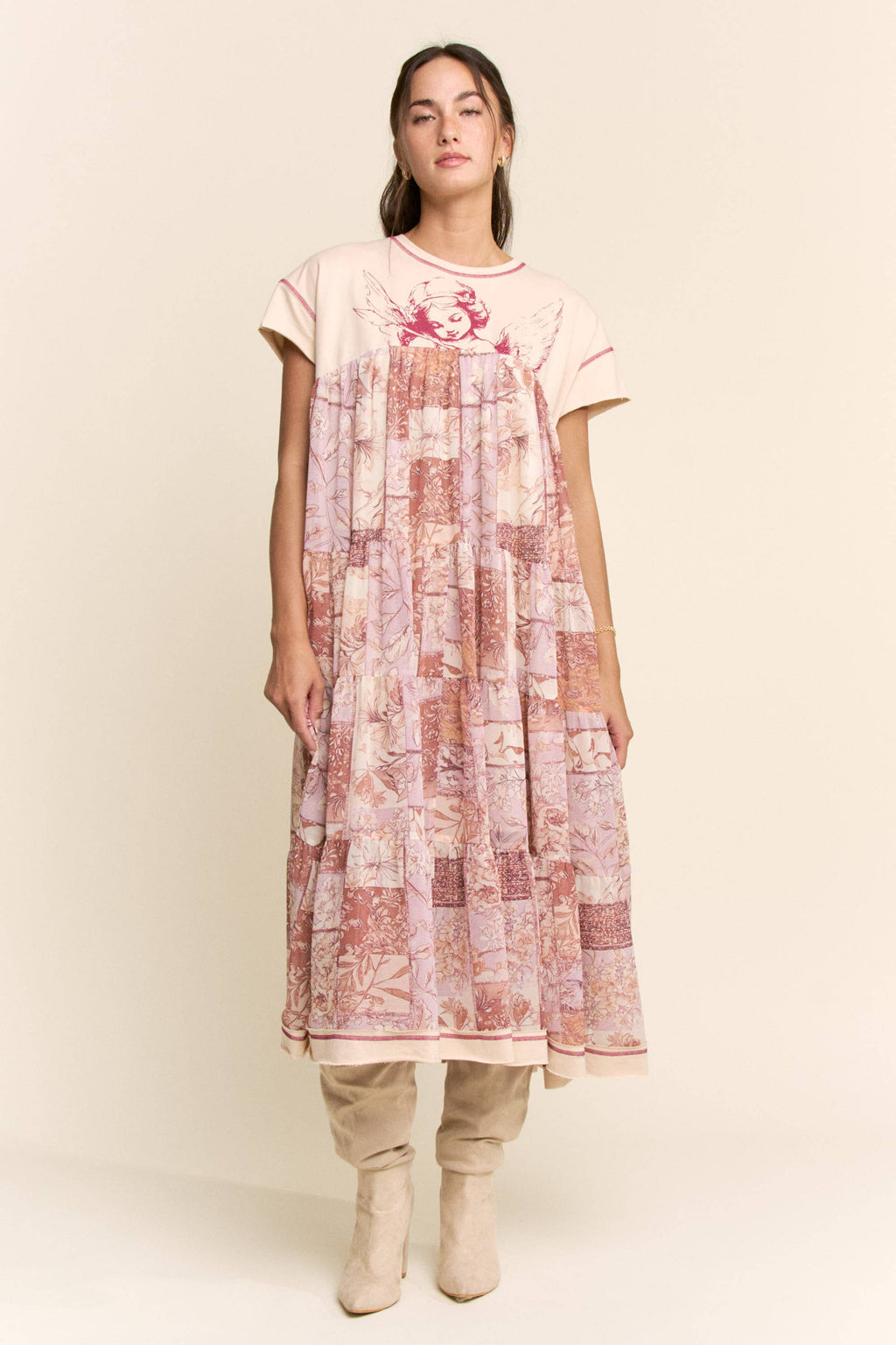 DD60097-ANGEL PRINTED FRENCH TERRY TOP BOTTOM MIDI DRESS: Beige / M