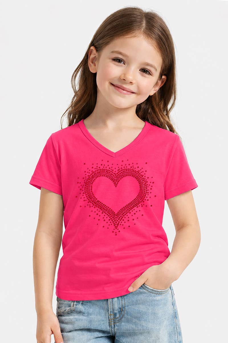 GKT-16811A-309R Girl's V-Neck Heart Rhinestone Graphic Tee: Hot Pink / (6/6X)