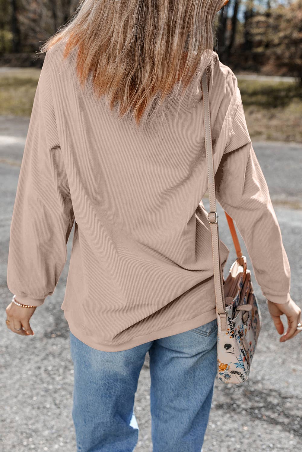 Women Solid Corduroy Crewneck Loose Fit Sweatshirt | S-2XL: Red / Missy / 2XL