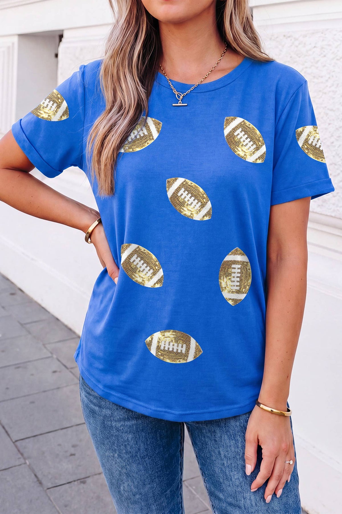 Game Day Sequin Rugby Graphic Crew Neck Shift T-Shirt | S-XL: Dark Blue / M
