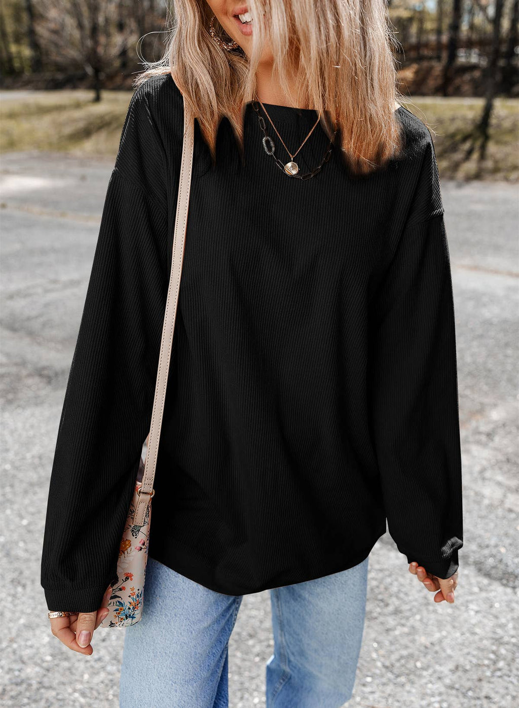 Women Solid Corduroy Crewneck Loose Fit Sweatshirt | S-2XL: Orange / Missy / L