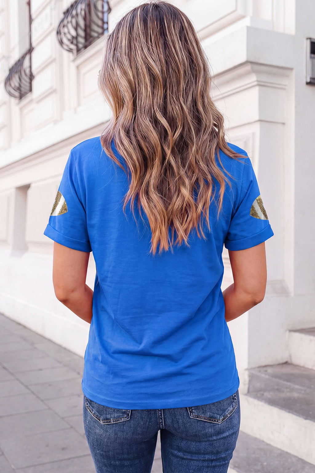 Game Day Sequin Rugby Graphic Crew Neck Shift T-Shirt | S-XL: Dark Blue / M