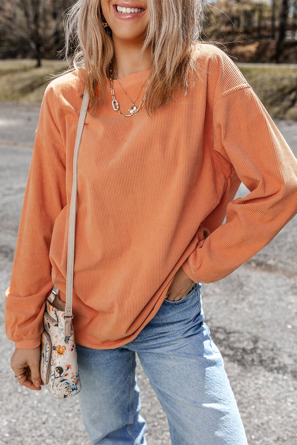 Women Solid Corduroy Crewneck Loose Fit Sweatshirt | S-2XL: Red / Missy / 2XL