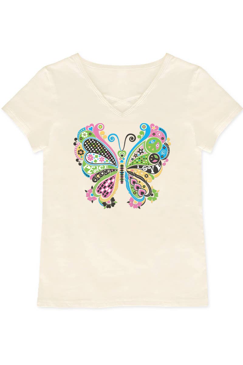 GKT-16810B-TA515 Girl's V-neck Graphic Tee w/Butterfly: Heather Grey / 10