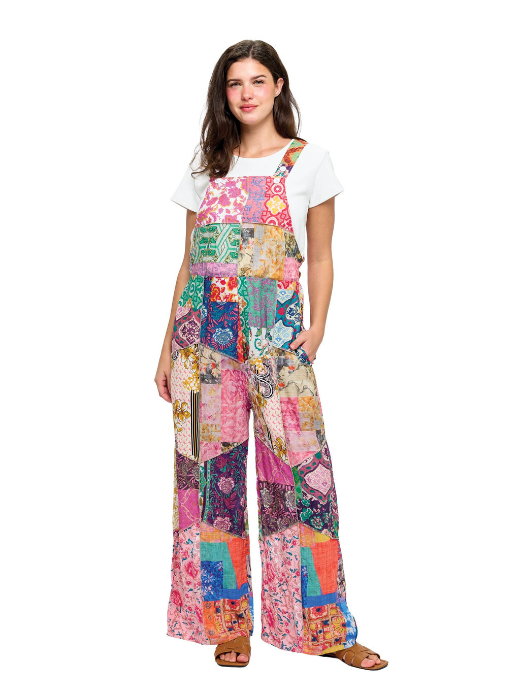 Hippie Wide Leg Printed Patchwork Overall: Multi / L/XL