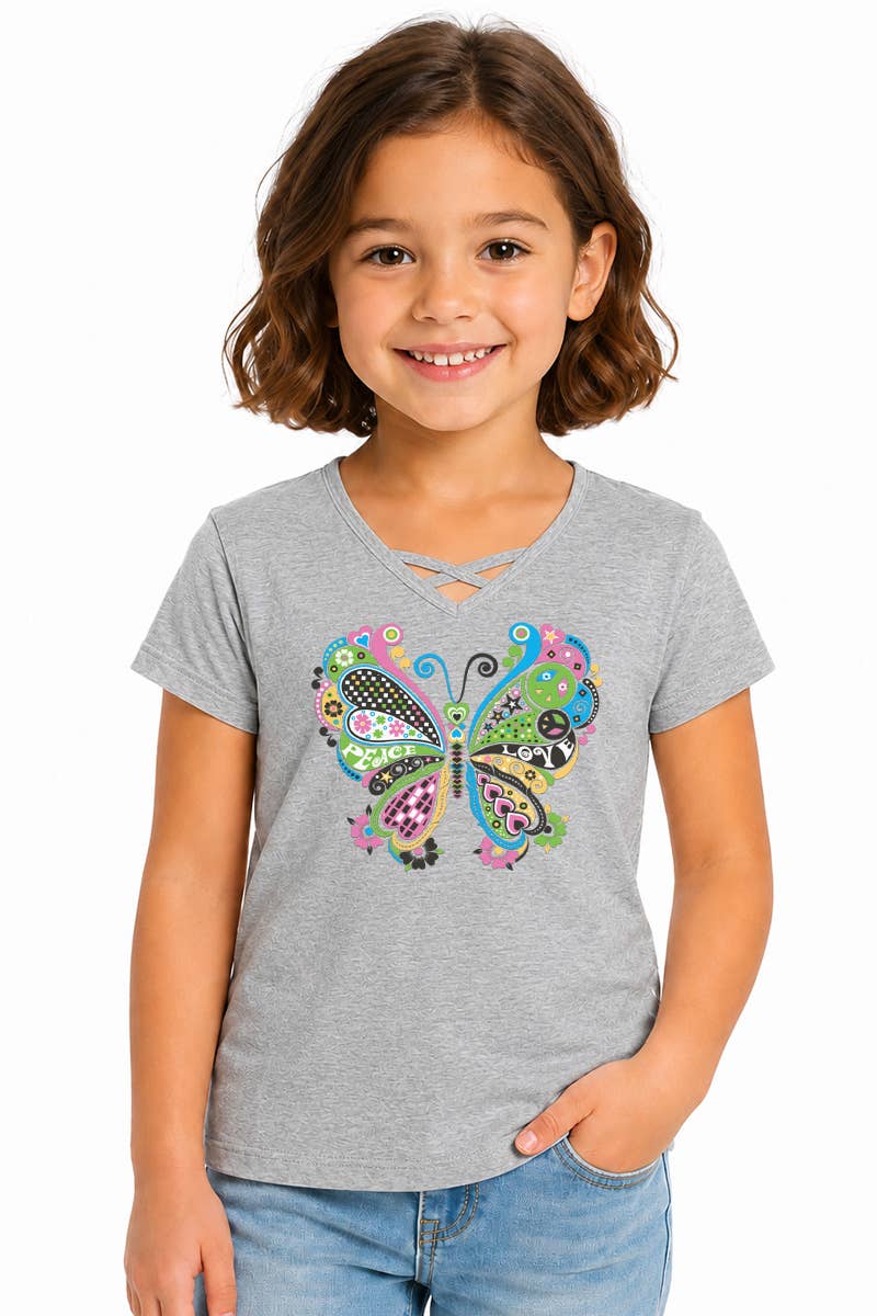 GKT-16810B-TA515 Girl's V-neck Graphic Tee w/Butterfly: Heather Grey / 14