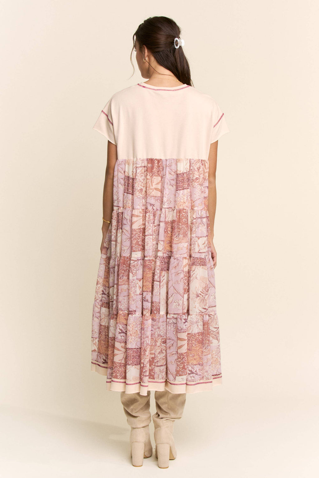 DD60097-ANGEL PRINTED FRENCH TERRY TOP BOTTOM MIDI DRESS: Beige / L