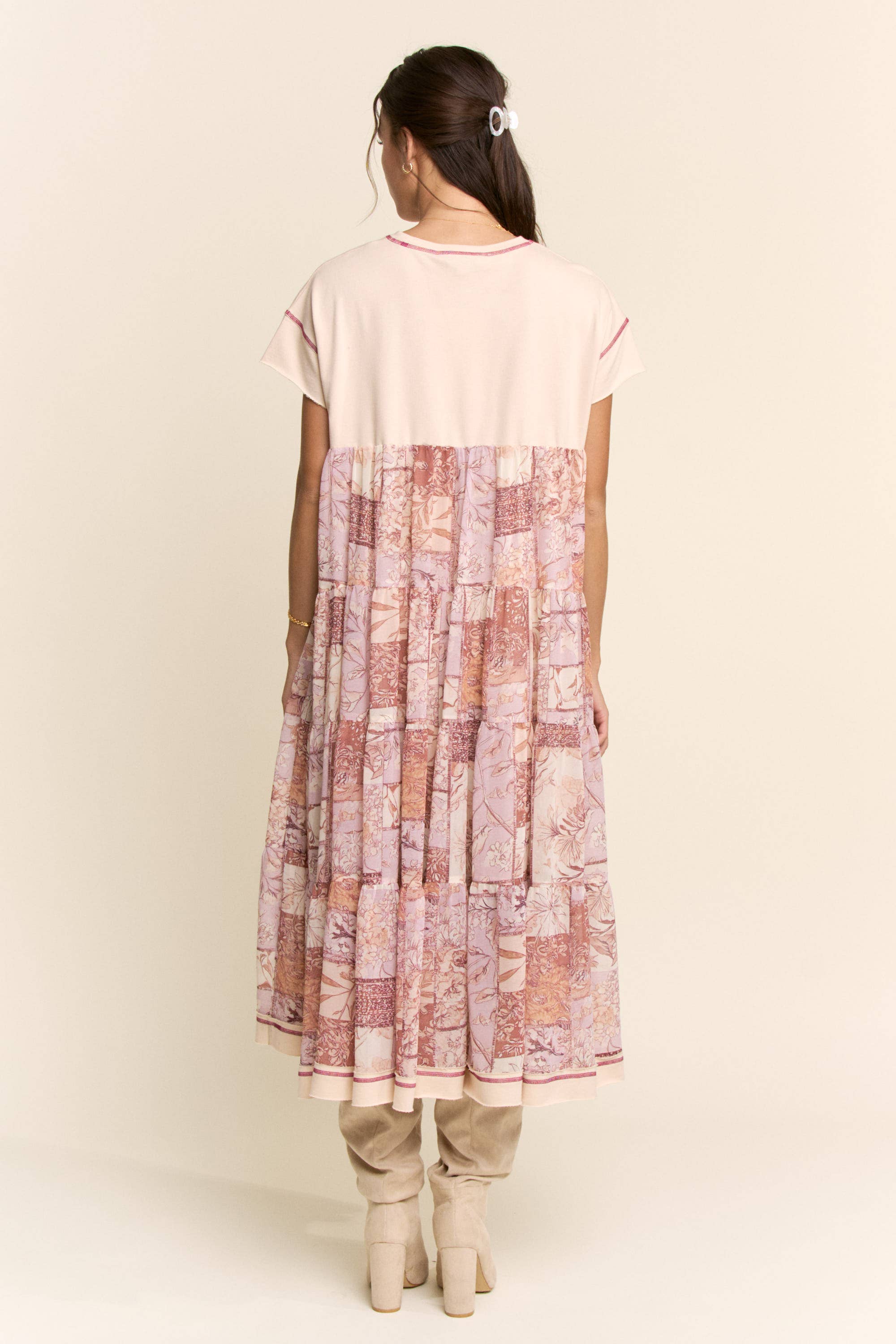 DD60097-ANGEL PRINTED FRENCH TERRY TOP BOTTOM MIDI DRESS: Beige / L